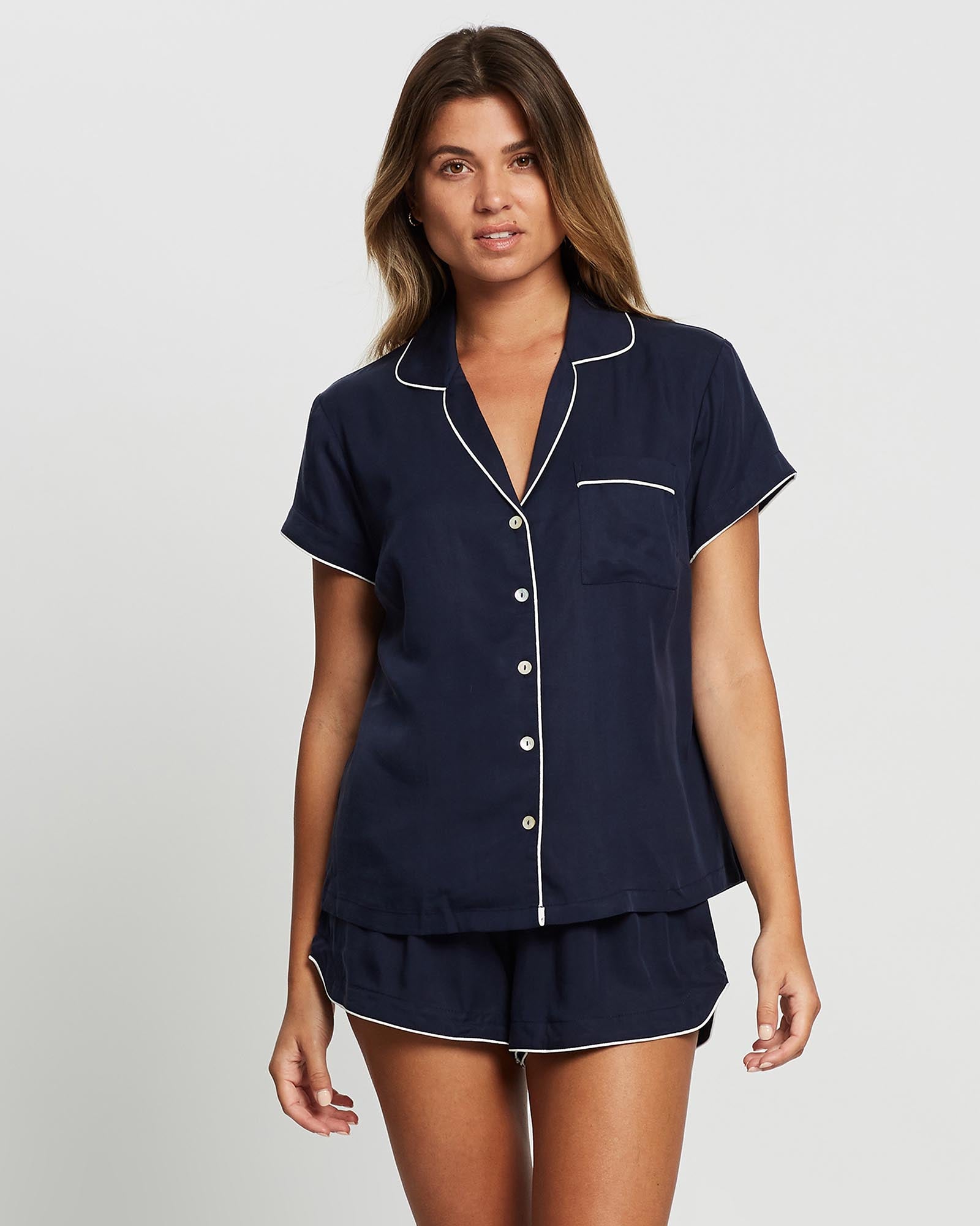 Eva Short Tencel™ Womens Personalised Pyjama Set Navy With White Piping ...