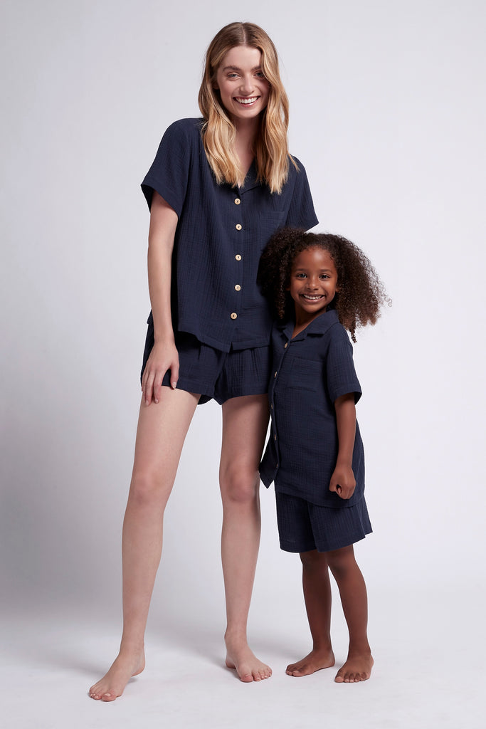 Piper Bubble Cotton Women's Short Pyjama Set - Navy | Homebodii AU.