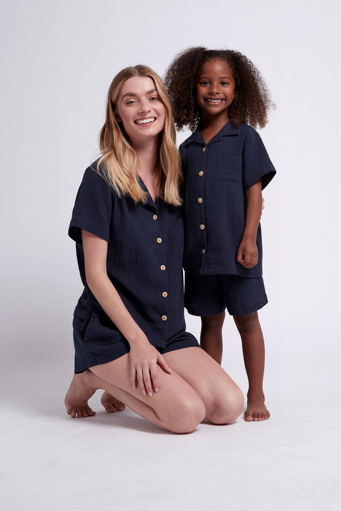 Piper Bubble Cotton Women's Short Pyjama Set - Navy | Homebodii AU.