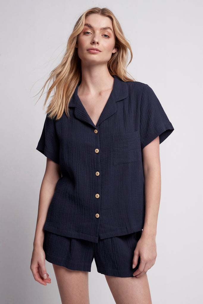 Piper Bubble Cotton Women's Short Pyjama Set - Navy | Homebodii AU.