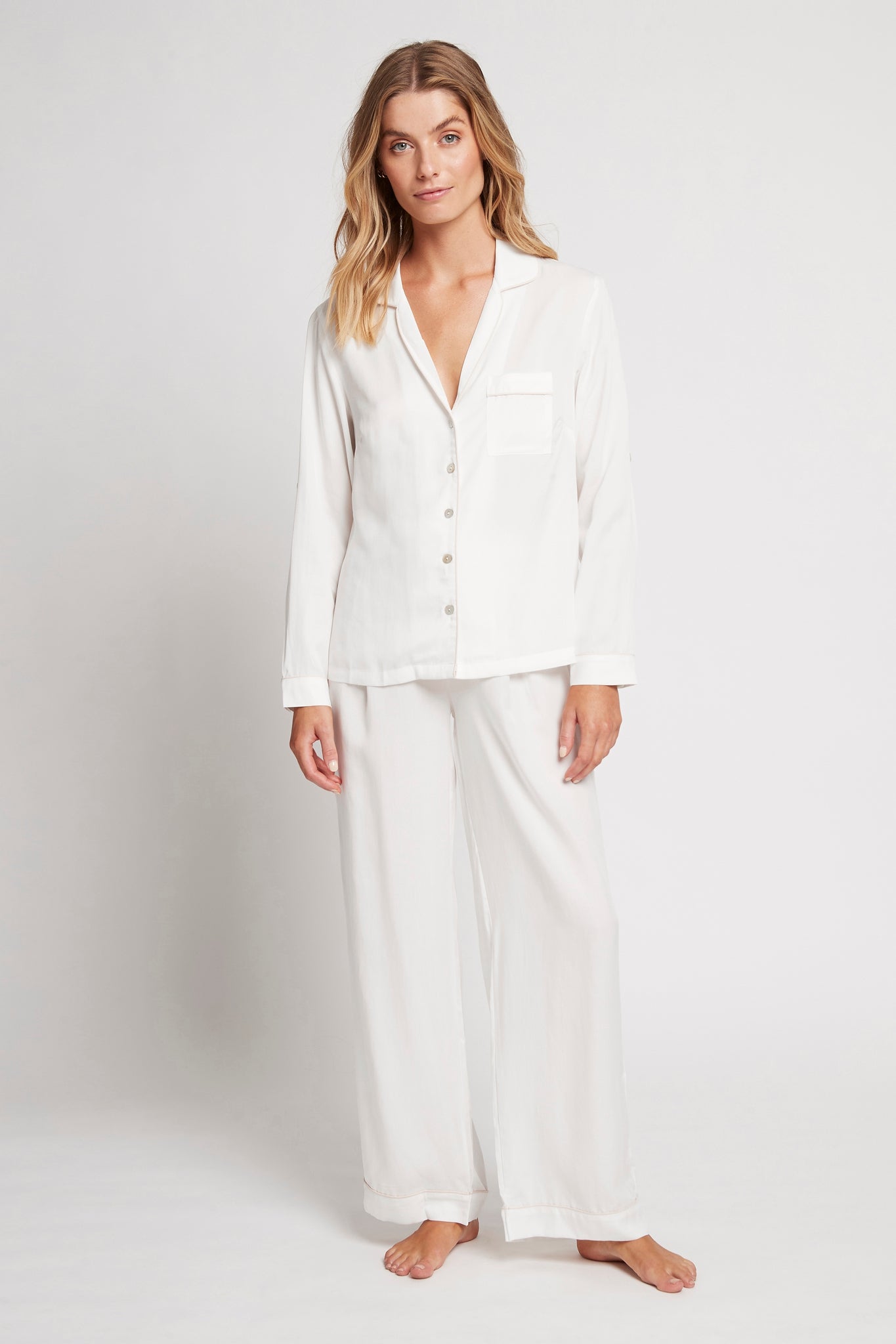 Eva Long Tencel™ Womens Pyjama Set White With Blush Piping | Homebodii ...