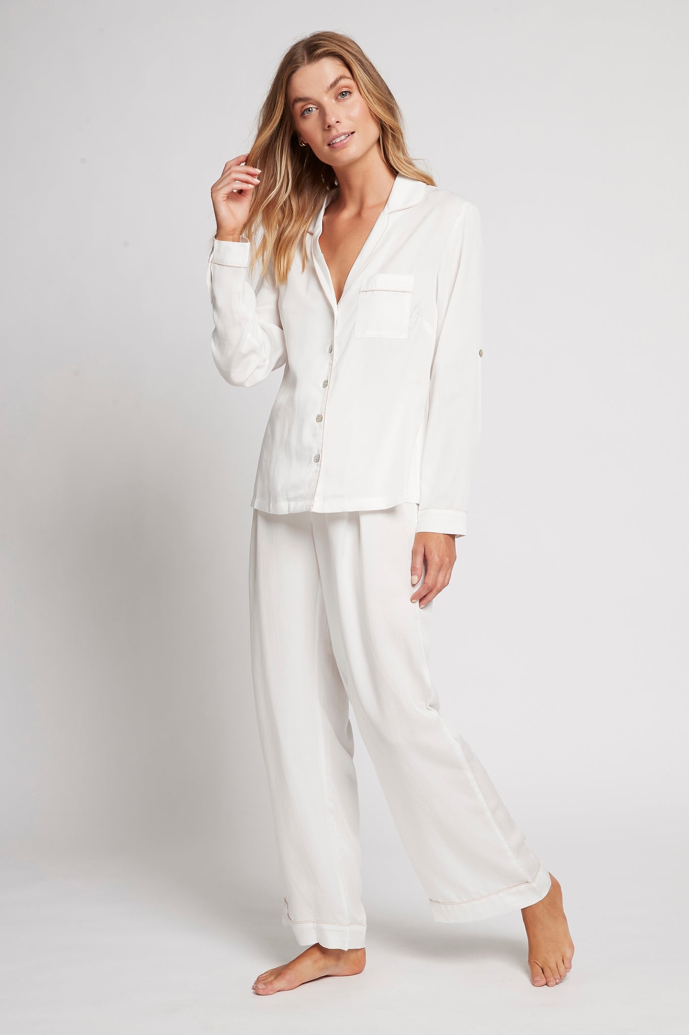 Eva Long Tencel™ Womens Pyjama Set White With Blush Piping
