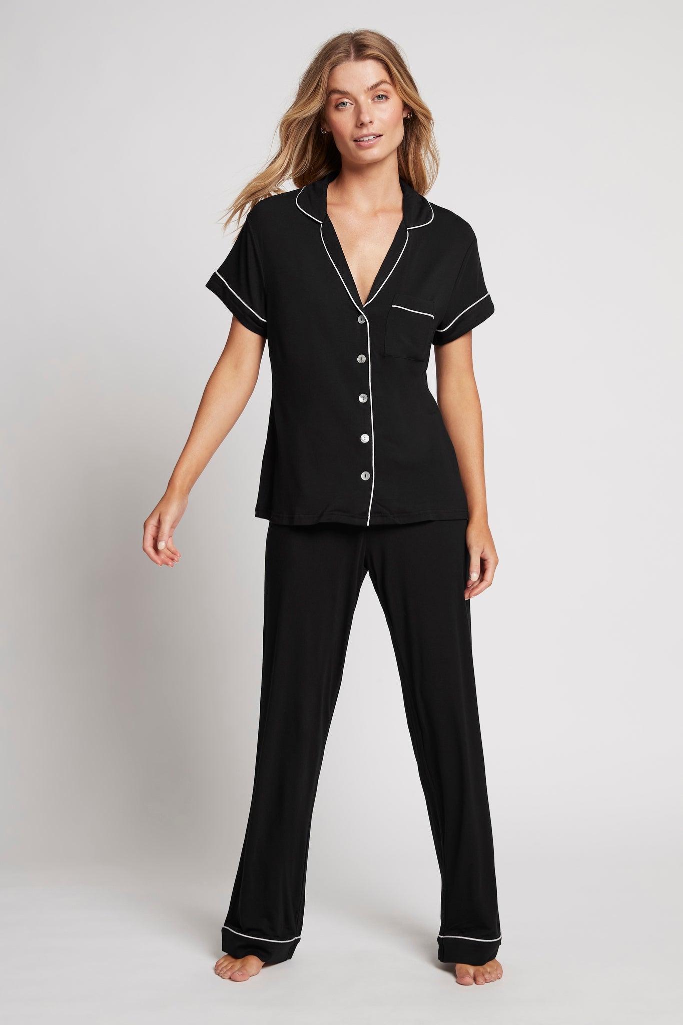 Petra Womens Tencel™ Modal Personalised Short Sleeve With Long Pant Pyjama  Set Black With Blush Piping