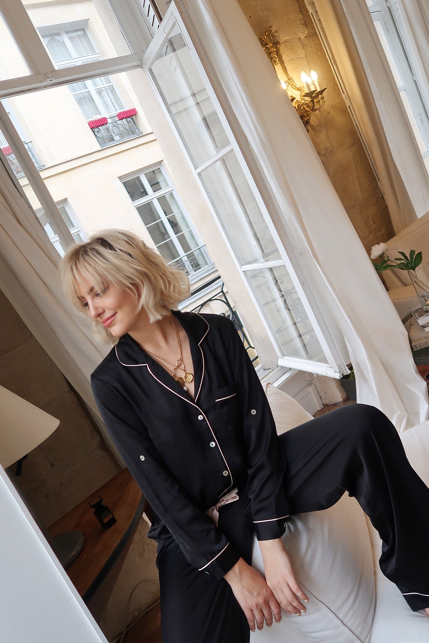 Sabrina Womens Personalised Satin Long Pyjama Set Black With Blush Piping